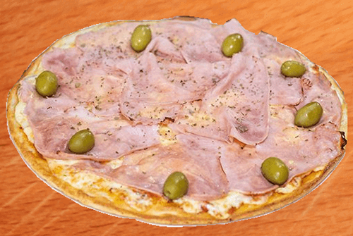 pizza de mozzarella con jamón y aceitunas verdes