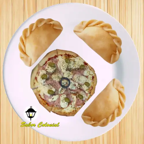 Promo de pizza individual artesanal con tres empanadas gourmet, ideal para mediodía o cena.
